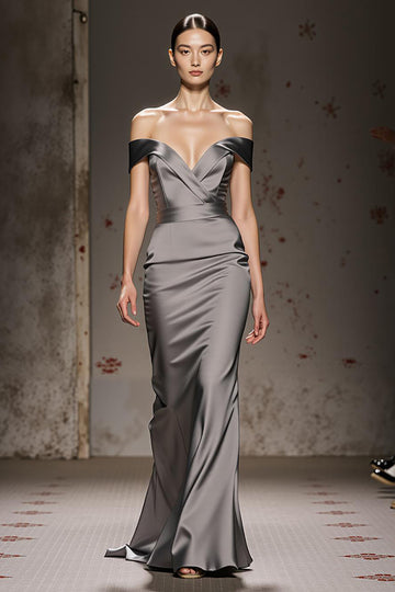 Silver Off The Shoulder Mermaid Satin Maxi Evening Dress